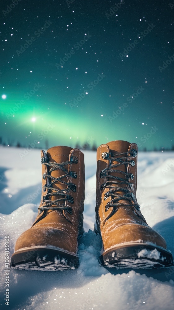 A Pair of light brown winter boots on the snow in a snowdrift and Northern Lights,Hiking Boot in winter season,fashion for sale,sparkling in the winter sun,Camping boot footwear,copy space. A Pair of light brown winter boots on the snow in a snowdrift and Northern Lights,Hiking Boot in winter season,fashion for sale,sparkling in the winter sun,Camping boot footwear,copy space.