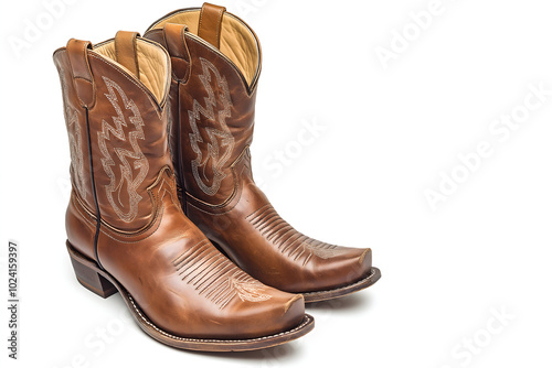 Wallpaper Mural Brown Leather Cowboy Boots with Intricate Stitching on White Background, Showcasing Rugged Design and Detailed Craftsmanship Torontodigital.ca