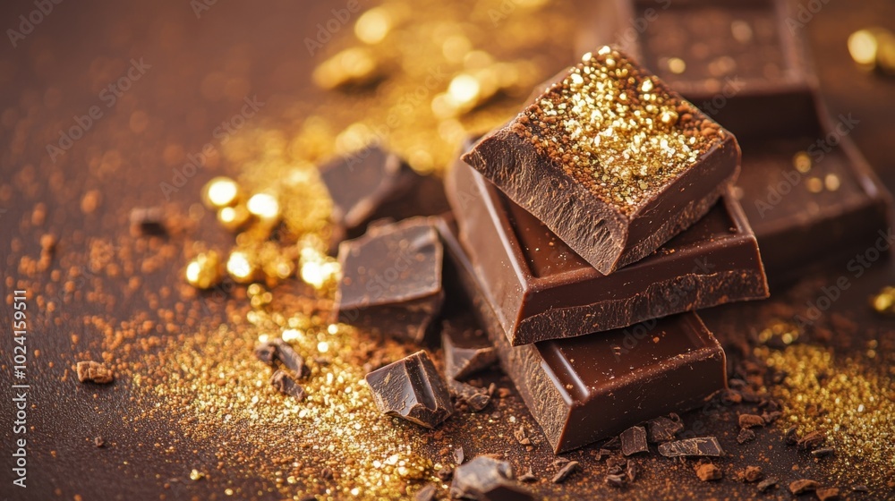Delicious dark chocolate pieces with golden decorations on a table