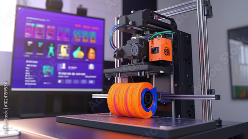 A 3D printer with colorful plastic filaments ready to create objects. The background shows a computer screen with 3D models and instructions for the printer.