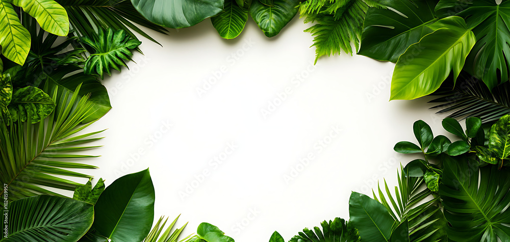 Naklejka premium Lush green leaves arranged in a decorative frame on a light background.