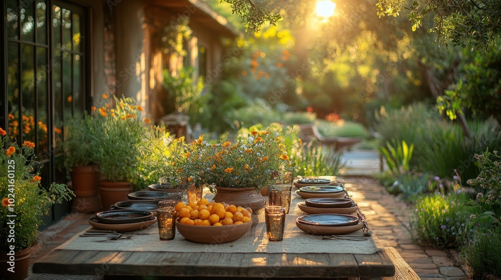 A rustic wooden table set for dinner on a patio, surrounded by lush greenery and warm afternoon sunlight. A rustic wooden table set for dinner on a patio, surrounded by lush greenery and warm afternoon sunlight.