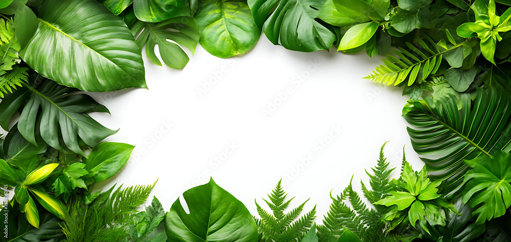 Fototapeta premium Lush green leaves framing a white isolate background for design usage.