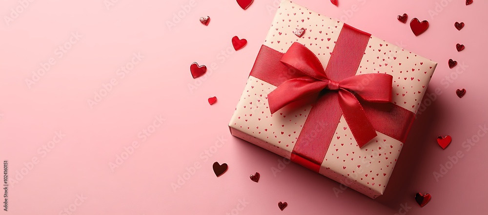Beautiful Gift Box with Red Ribbon and Heart Confetti on a Pink Surface Beautiful Gift Box with Red Ribbon and Heart Confetti on a Pink Surface
