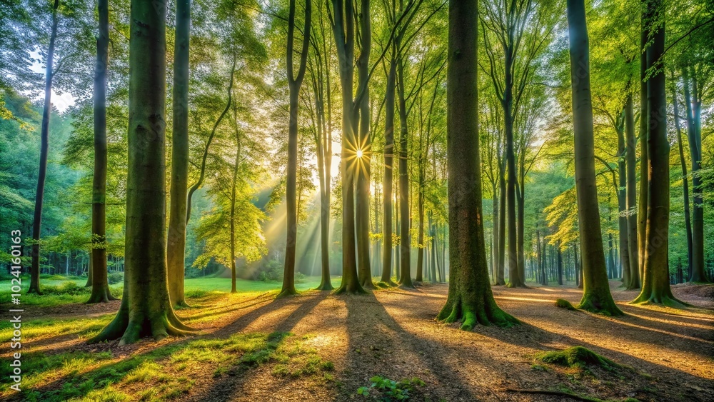 Fototapeta premium Tall trees with slender trunks and triangular leaves rise gracefully in a vibrant, lush landscape, creating a serene atmosphere that invites quiet