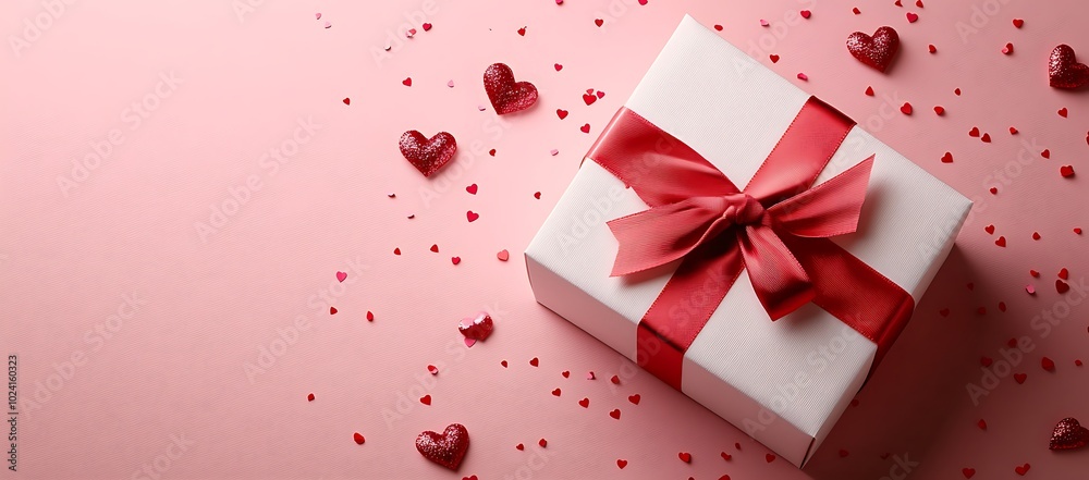 Romantic Gift Box with Red Ribbon and Heart Confetti for Valentine's Day or Special Occasion Romantic Gift Box with Red Ribbon and Heart Confetti for Valentine's Day or Special Occasion