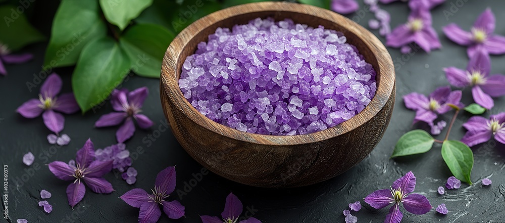 A wooden bowl is filled with purple sea salt, with scattered around it some violet clematis flowers A wooden bowl is filled with purple sea salt, with scattered around it some violet clematis flowers