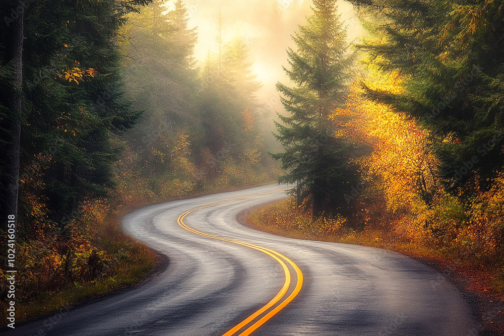 Obraz premium Serene Autumn Road with Warm Sunlight and Fog: Winding Path Through Evergreen Trees and Fall Foliage