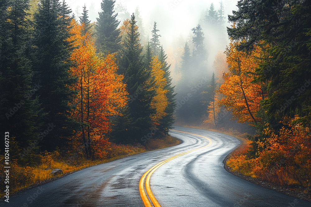 Obraz premium Serene Autumn Road with Warm Sunlight and Fog: Winding Path Through Evergreen Trees and Fall Foliage