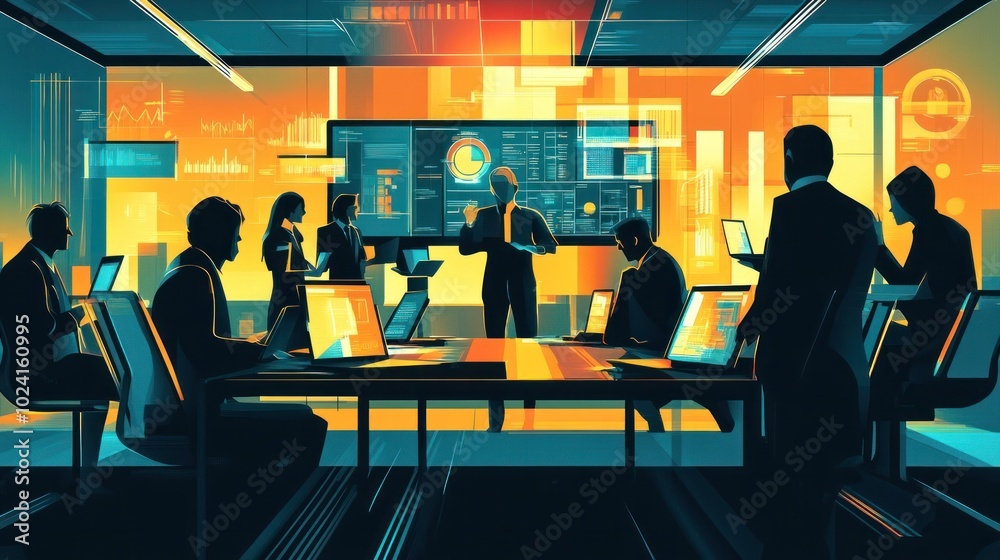 Business team vector illustration, featuring characters in a collaborative meeting, with laptops and digital screens Business team vector illustration, featuring characters in a collaborative meeting, with laptops and digital screens