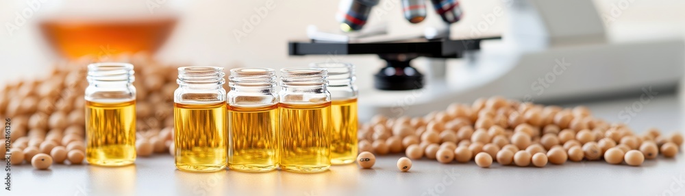 Close-up of amber oils in vials next to soybeans and microscope, highlighting the essence of natural extraction processes. Close-up of amber oils in vials next to soybeans and microscope, highlighting the essence of natural extraction processes.