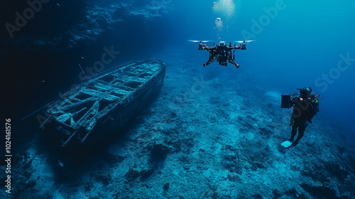 Robots are exploring the ocean floor. A drone and a diver are investigating a sunken ship.