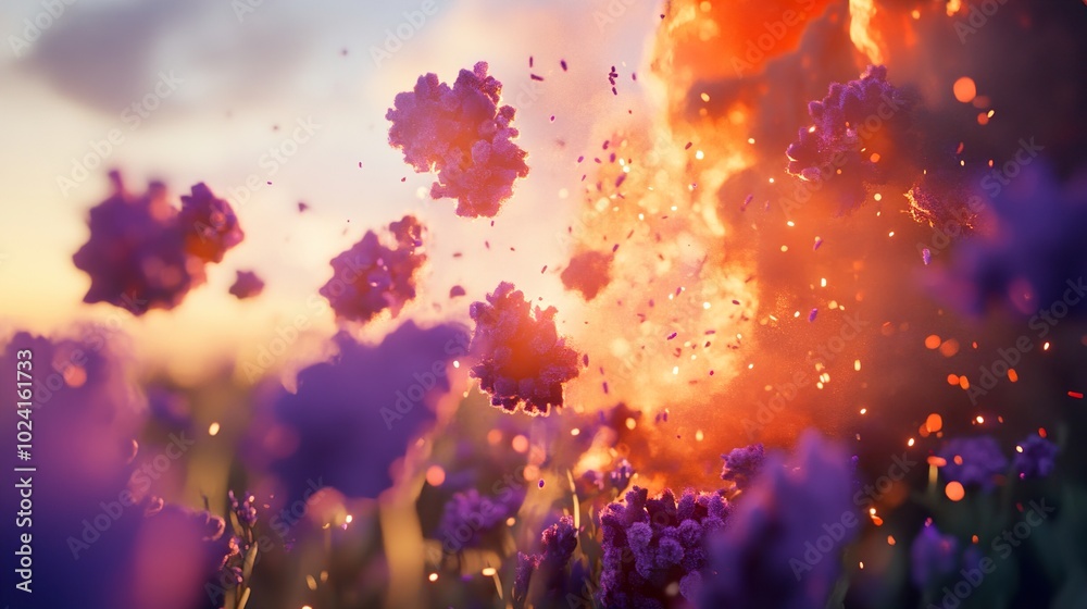 Purple Flowers in a Field at Sunset with Sparkling Light Purple Flowers in a Field at Sunset with Sparkling Light