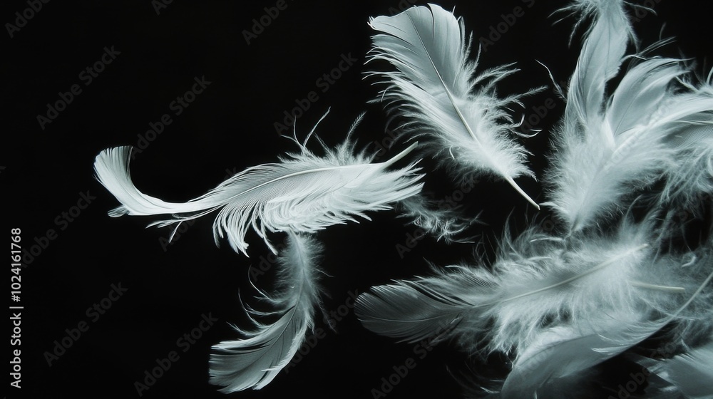 Fototapeta premium Floating white feathers against a black background, symbolizing lightness and purity