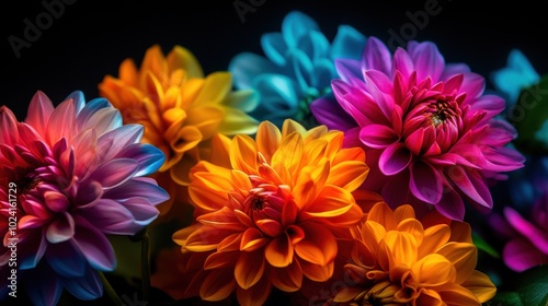 Vibrant multi colored flowers in a dark background, showcasing beauty and nature