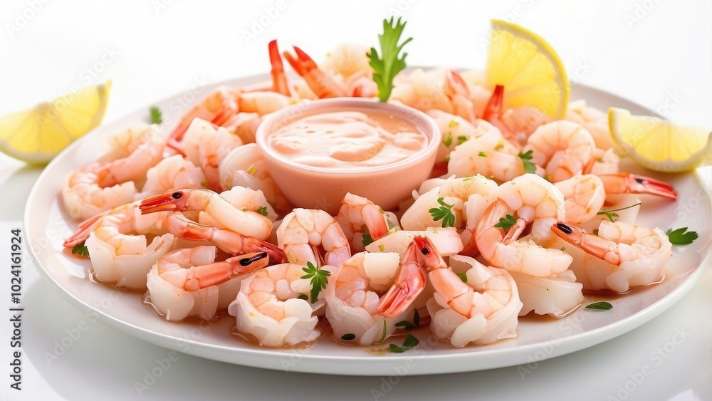 A plate of steamed shrimp with lemon wedges and cocktail sauce, fresh and vibrant, isolated on white background.-g A plate of steamed shrimp with lemon wedges and cocktail sauce, fresh and vibrant, isolated on white background.-g
