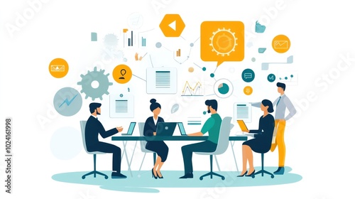 Business teamwork illustration vector, featuring colleagues working together towards a common goal in an office