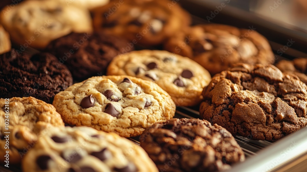 Close-up of assorted freshly baked cookies with chocolate chips Close-up of assorted freshly baked cookies with chocolate chips