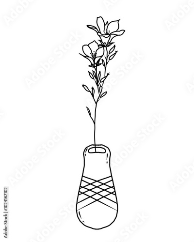 Set of botanical line art floral leaves, plants on pot vase. Hand drawn sketch branches isolated on white background  PNG Transparent Background