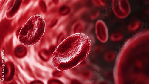 Microscopic close up view of read blood cells flowing through a vein artery