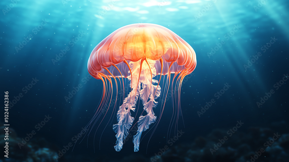 A stunning jellyfish gracefully floating in deep blue water, illuminated by ethereal sunlight filtering through the surface, showcasing its translucent, colorful bell and long tent A stunning jellyfish gracefully floating in deep blue water, illuminated by ethereal sunlight filtering through the surface, showcasing its translucent, colorful bell and long tent