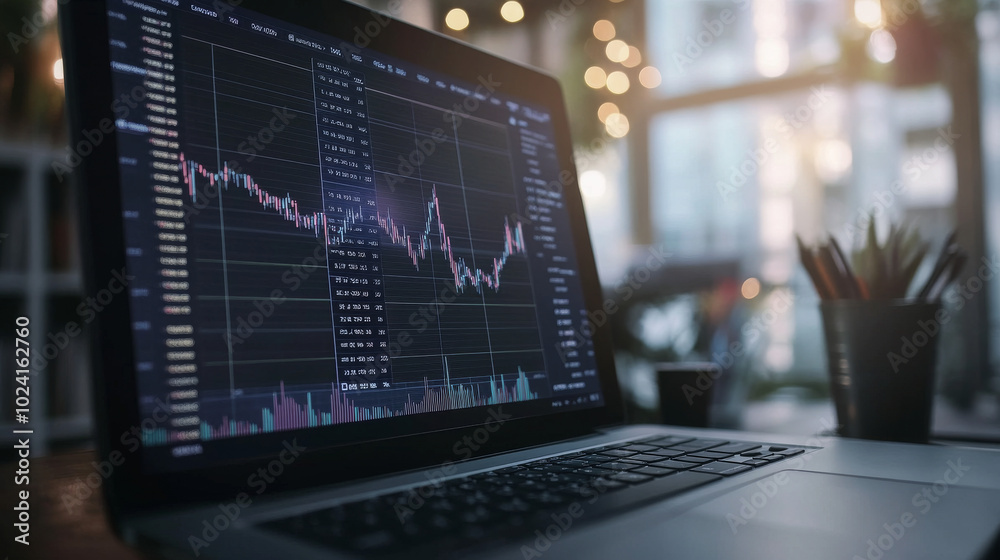 A laptop screen shows financial data. It includes charts, graphs, and numbers related to investments and trading. The 3D design makes it look like a business concept illustration. A laptop screen shows financial data. It includes charts, graphs, and numbers related to investments and trading. The 3D design makes it look like a business concept illustration.