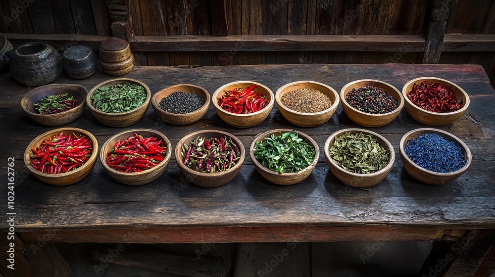 Fototapeta premium Assorted spices and herbs in wooden bowls.