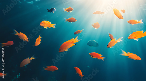 A vibrant underwater scene showcasing a school of colorful fish swimming gracefully in clear blue water, illuminated by sun rays, creating a serene aquatic atmosphere.