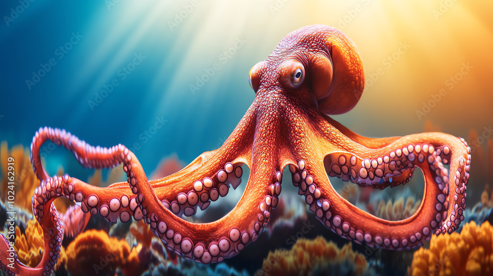 A vibrant octopus gracefully swimming through clear ocean waters, showcasing its intricate tentacles and vivid colors against a beautiful underwater backdrop. A vibrant octopus gracefully swimming through clear ocean waters, showcasing its intricate tentacles and vivid colors against a beautiful underwater backdrop.