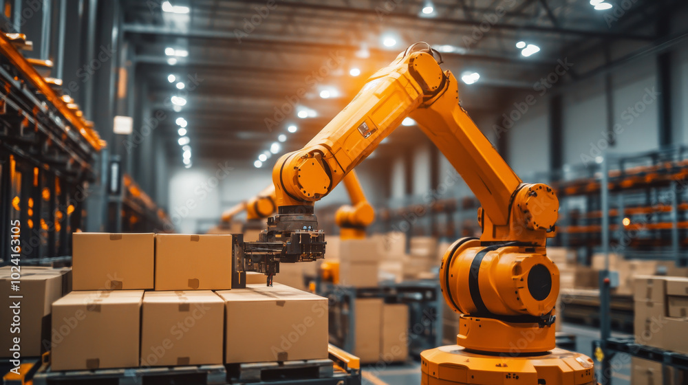 Smart warehouse,robotic arms efficiently stack boxes onto pallets.This automated system manages the storage of products,showcasing how AI-powered robots are transforming the manufacturing industry. Smart warehouse,robotic arms efficiently stack boxes onto pallets.This automated system manages the storage of products,showcasing how AI-powered robots are transforming the manufacturing industry.