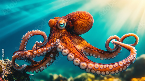 A vibrant octopus gracefully swimming in the ocean, showcasing its colorful body and intricate patterns, surrounded by sunlight filtering through the water.