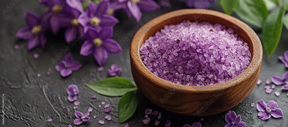 A wooden bowl is filled with purple sea salt, with scattered around it some violet clematis flowers A wooden bowl is filled with purple sea salt, with scattered around it some violet clematis flowers