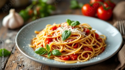 Spaghetti with tomato sauce and fresh basil 