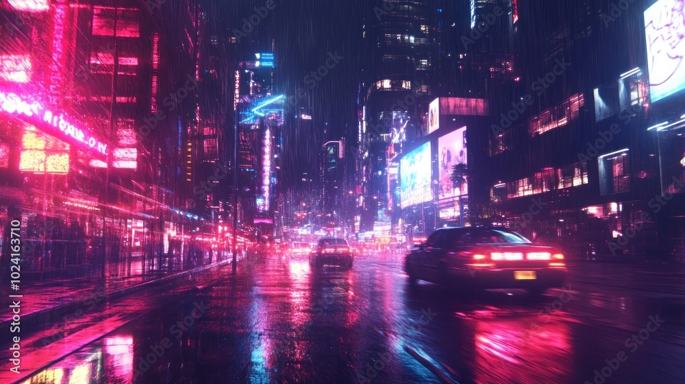 Neon-Lit City Street Bathed in Rain at Night Neon-Lit City Street Bathed in Rain at Night