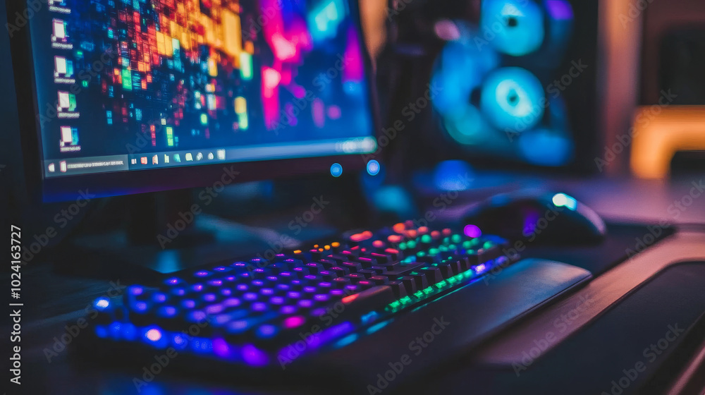 A computer, keyboard, and mouse sit on a desk in a dimly lit room. The screen shows colorful patterns, representing computer programs. This setup highlights the power of technology and gaming. A computer, keyboard, and mouse sit on a desk in a dimly lit room. The screen shows colorful patterns, representing computer programs. This setup highlights the power of technology and gaming.