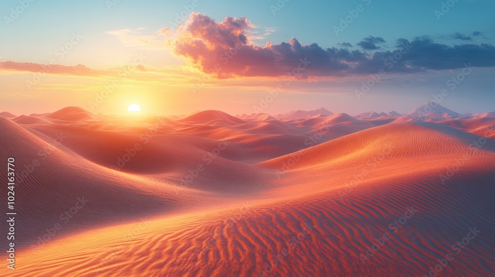 A scenic sunset over a vast desert landscape with rolling sand dunes, bathed in warm, golden light. A scenic sunset over a vast desert landscape with rolling sand dunes, bathed in warm, golden light.