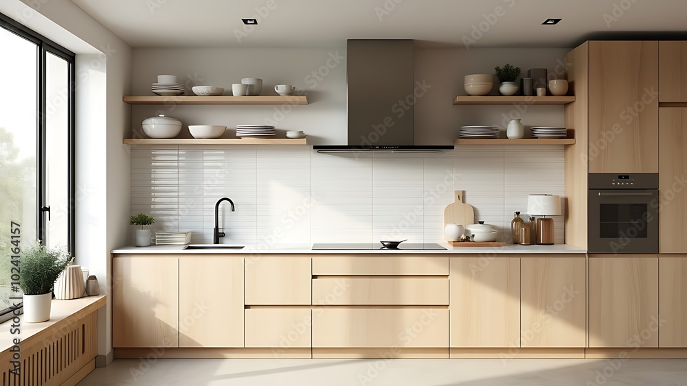 Light home kitchen interior with bar counter, sink and kitchenware with shelves Light home kitchen interior with bar counter, sink and kitchenware with shelves