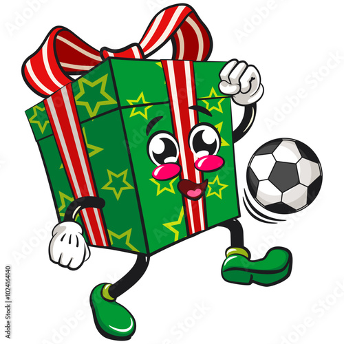 green gift box cartoon character and stars pattern with a red ribbon isolated vector illustration dribbling a football or soccer ball, the concept of birthday, christmas, new year, work of hand drawn