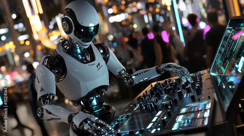 A robot DJ spins tunes at a virtual reality nightclub. The cyborg mixes music on a sound board, while partygoers dance to electronic beats. The robot carefully adjusts the controls on the DJ deck.