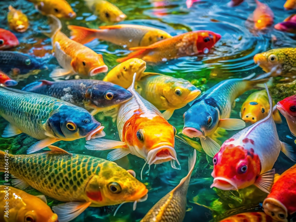 Vibrant abstract depiction of colorful carps gracefully swimming in a tranquil lake, infused with serene hues and fluid forms, creating a harmonious Vibrant abstract depiction of colorful carps gracefully swimming in a tranquil lake, infused with serene hues and fluid forms, creating a harmonious