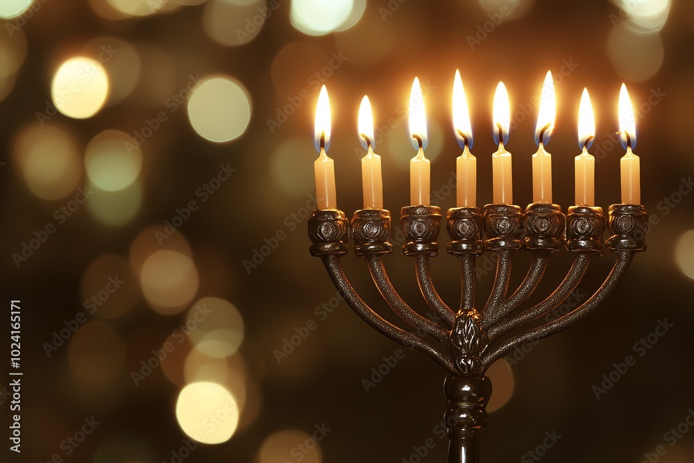Menorah with lit candles against a blurred background Menorah with lit candles against a blurred background