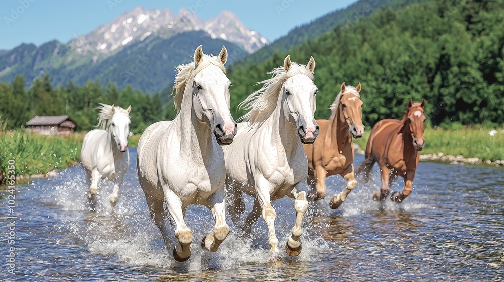 Obraz premium Majestic White Horses Running Through Mountain Stream