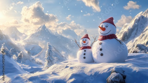 Happy snowmans in mountain