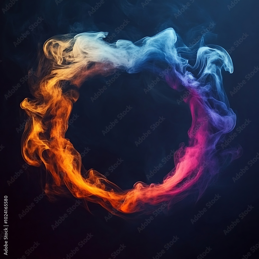 Fototapeta premium Dynamic spherical smoke rings made of colored ink, swirling in a mesmerizing pattern on a dark background.