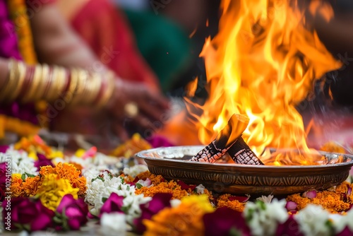 Traditional fire ritual with flowers. photo