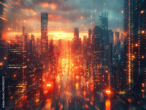 A futuristic cityscape with glowing lights and a red sky at sunset.