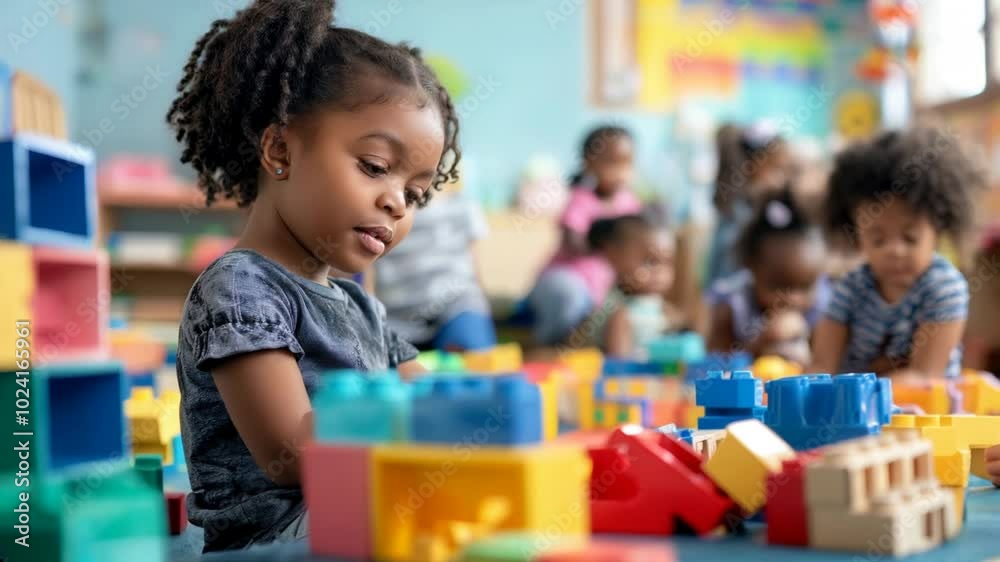 A young girl plays with colorful blocks in a classroom, while other children play in the background A young girl plays with colorful blocks in a classroom, while other children play in the background