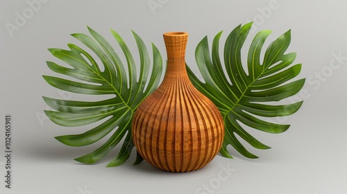 Brown ceramic vase with green leaves on either side photo