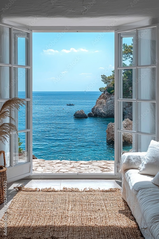 Fototapeta premium Serene coastal view from an open window, showcasing blue waters, distant cliffs, and natural light flooding a cozy room.