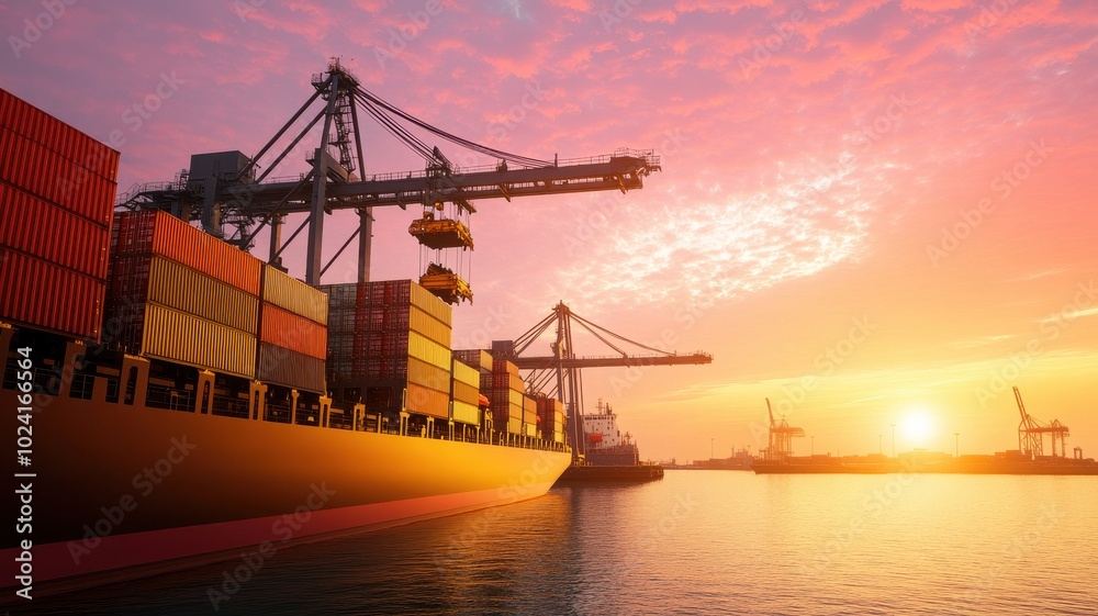 Dramatic sunset over a busy shipping port, featuring colorful containers and towering cranes silhouetted against the vibrant sky.